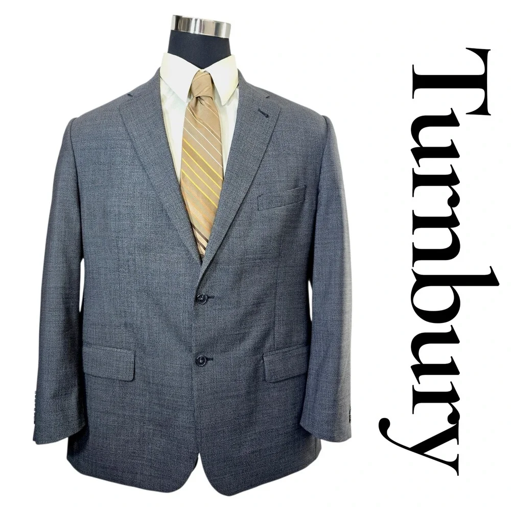 Turnbury Men's Grey Check Wool Blend Suit Jacket Blazer‎ 46R Made in Mexico